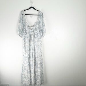 STORIA Daphne Blue White Floral High Slits Eyelet Detailing Maxi Dress Size 3XL